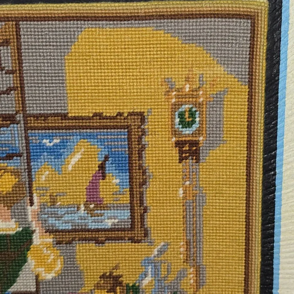 Vintage Framed Needlepoint Of Woman/Girl Looking out Window Large 23x20 Inches - Picture 9 of 11